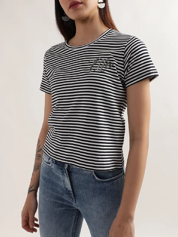 Elle Women Black Striped Round Neck TShirt