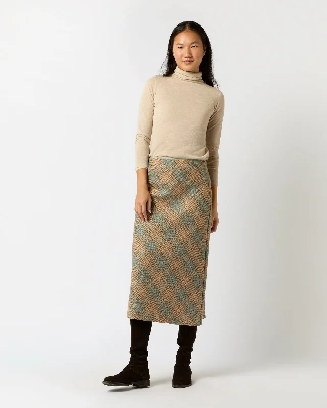 Marina Side-Zip Skirt in Camel/Mist Large Plaid Wool