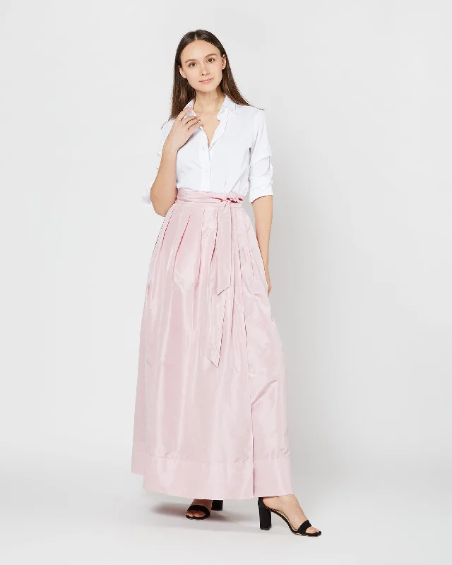 Reversible Pleated Wrap Skirt in Light Pink/Red Silk Taffeta