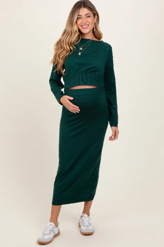 Forest Green Knit Midi Skirt Sweater Maternity Set