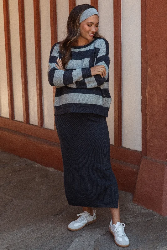 Navy Striped Sweater And Fitted Midi Skirt Maternity Set