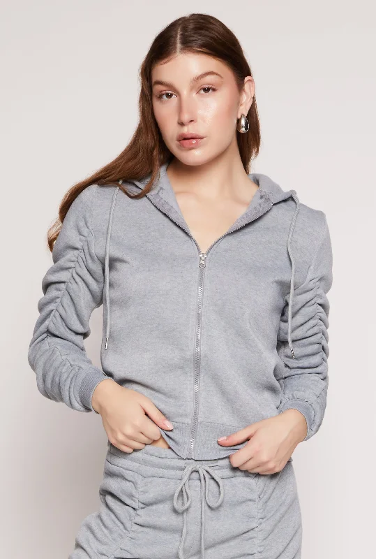 Ruched Sleeve Zip Front Hoodie