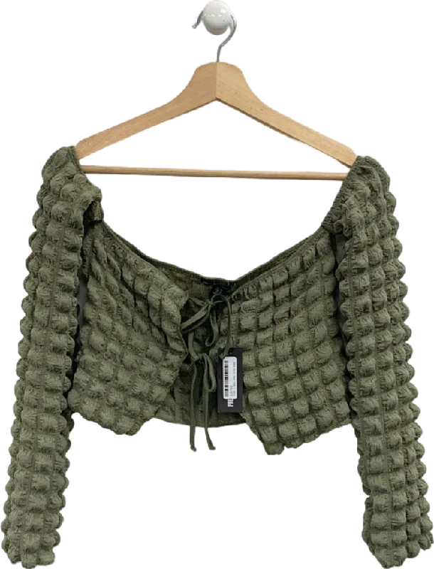 Pretty Little Thing Khaki Popcorn Textured Double Tie Front Off the Shoulder 16