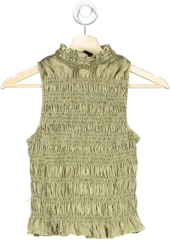 River Island Khaki Sleeveless Smocked Top UK 6