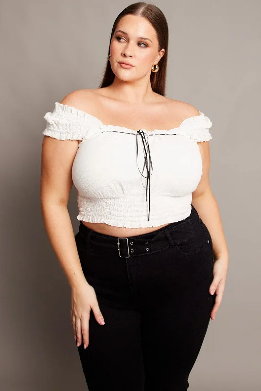 White Crop Top Short Sleeve Shirred Waist