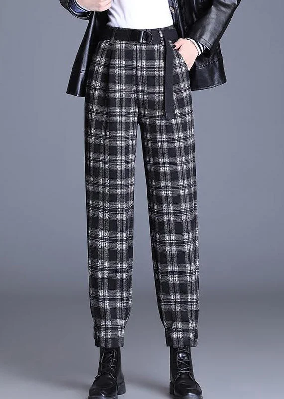 French Black Plaid Pockets High Waist Woolen Crop Pants Spring