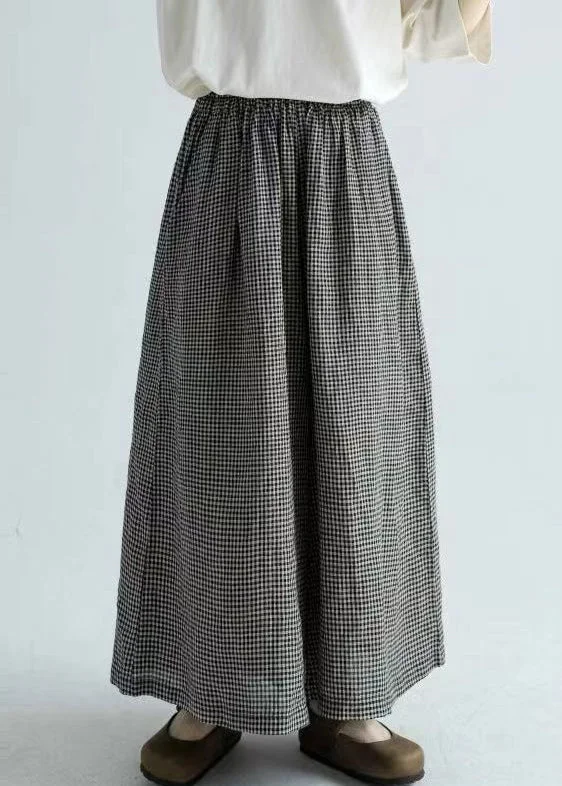 Loose Plaid Pockets Elastic Waist Cotton Wide Leg Pants Spring