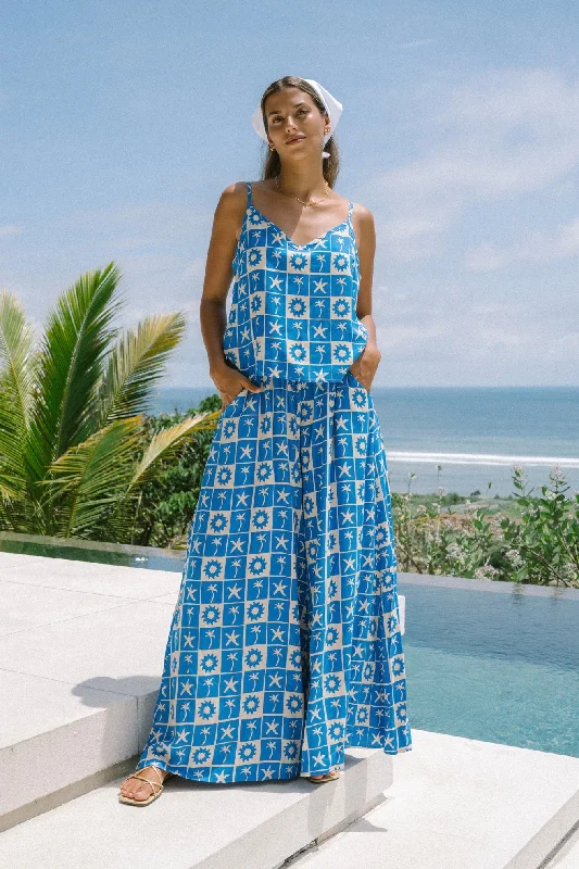 Oliana Blue Tropical Tile Wide Leg Pants