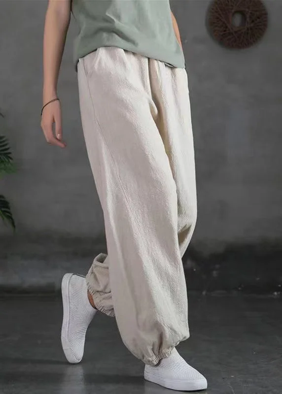 Simple Linen Pockets Elastic Waist Cotton Pants Spring