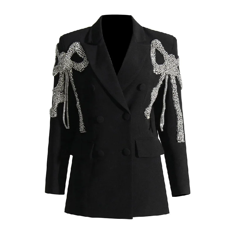 Luxury Crystal Bow Embellished Lapel Collar Single Breasted Blazer