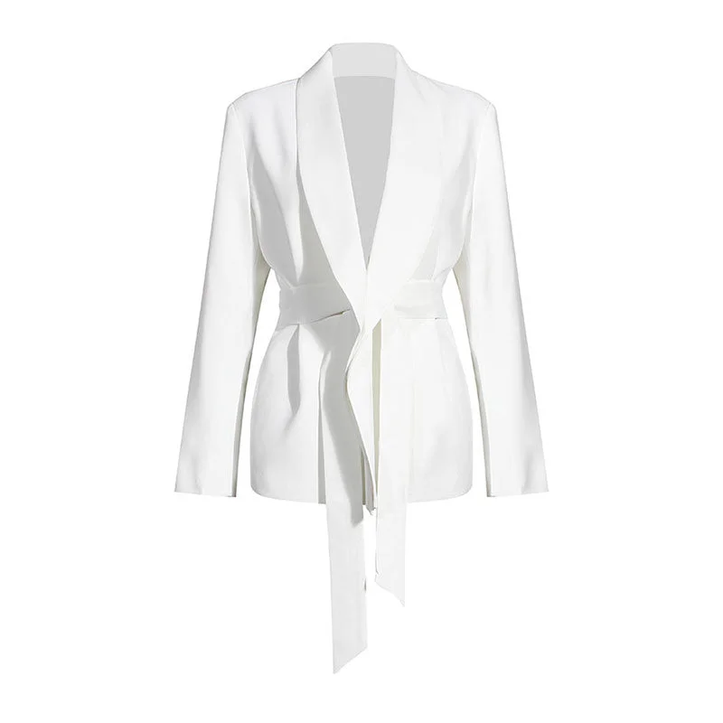 Minimalist Solid Color Shawl Collar Shoulder Pad Long Sleeve Belted Blazer