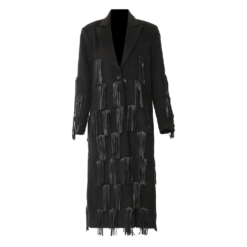 Offbeat Lapel One Button Long Sleeve Longline Leather Fringe Blazer Coat