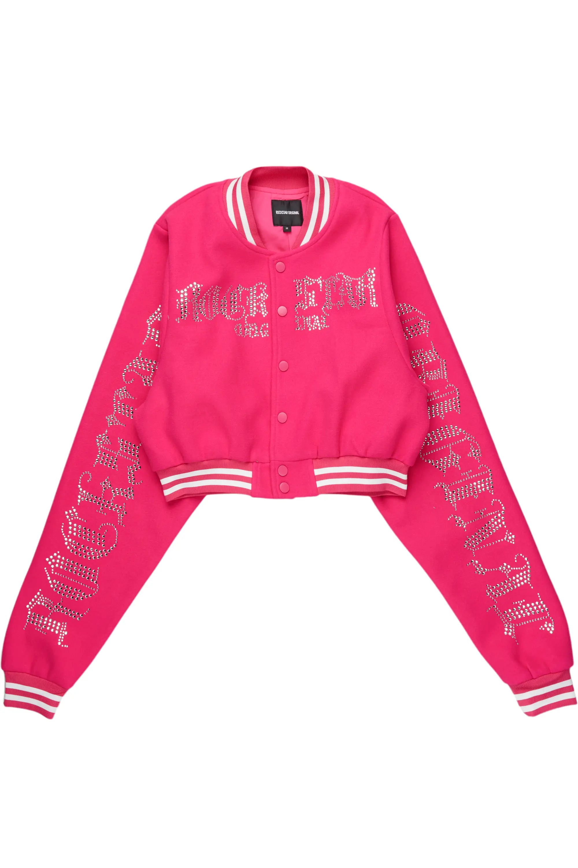 Gianni Hot Pink Crop Rhinestone Varsity Jacket