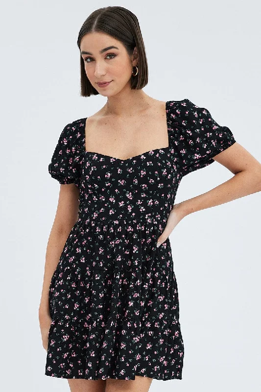 Black Floral Fit And Flare Dress Puff Sleeve Mini