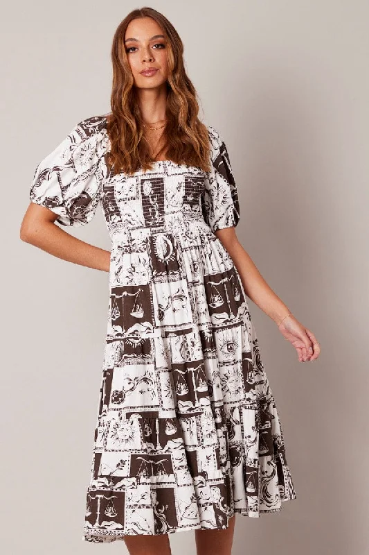 Brown Abstract Midi Dress Puff Sleeve Shirred Bust