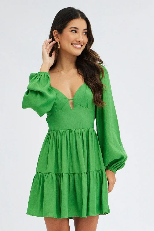 Green Fit And Flare Dress Long Sleeve Mini