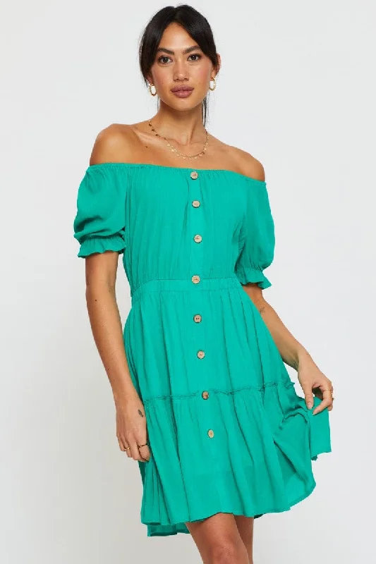 Green Mini Dress Off Shoulder Linen