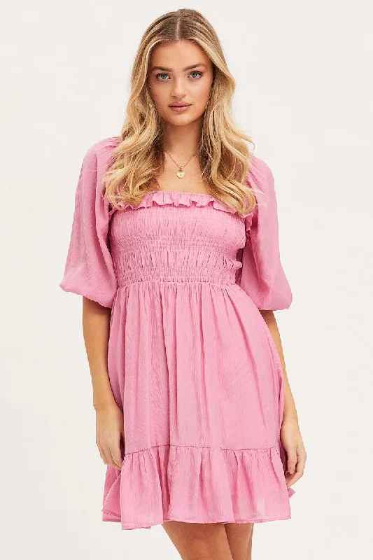 Pink Mini Dress Short Sleeve Evening