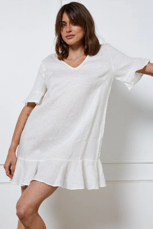 White Mini Dress Short Sleeve Linen