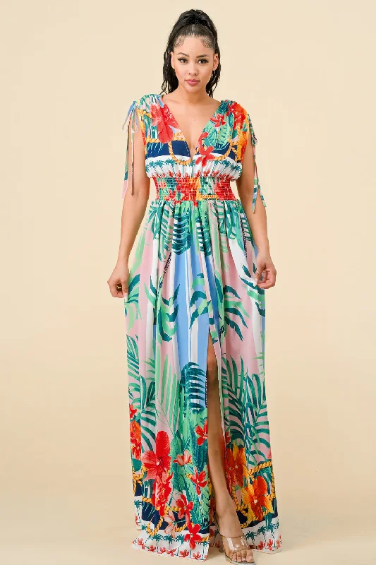 Long Cap Sleeve Tropical Print Maxi Dress