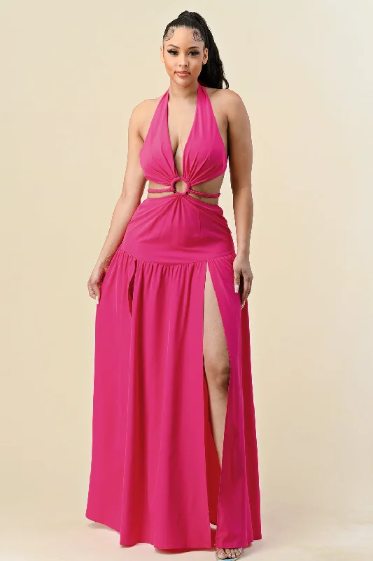 Long Cut Out Slit Halter Maxi Dress