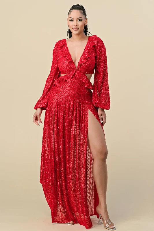 Long Deep V Neck Sequins Long Sleeve Maxi Dress