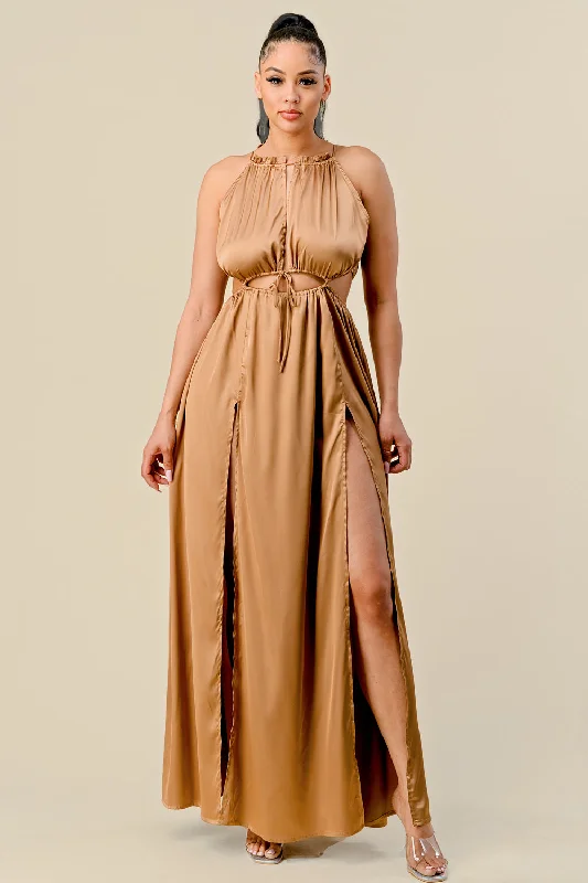 Long Front Cutout Tie Slit Maxi Dress