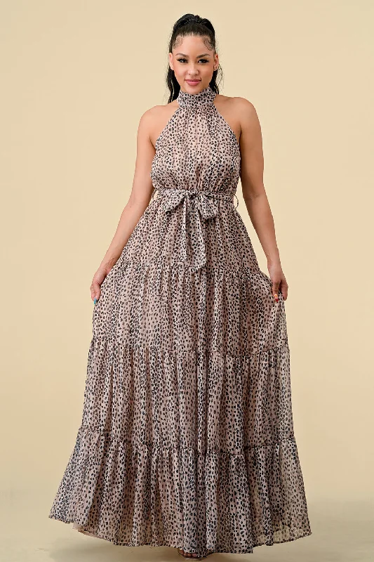 Long Halter Animal Print Tiered Maxi Dress