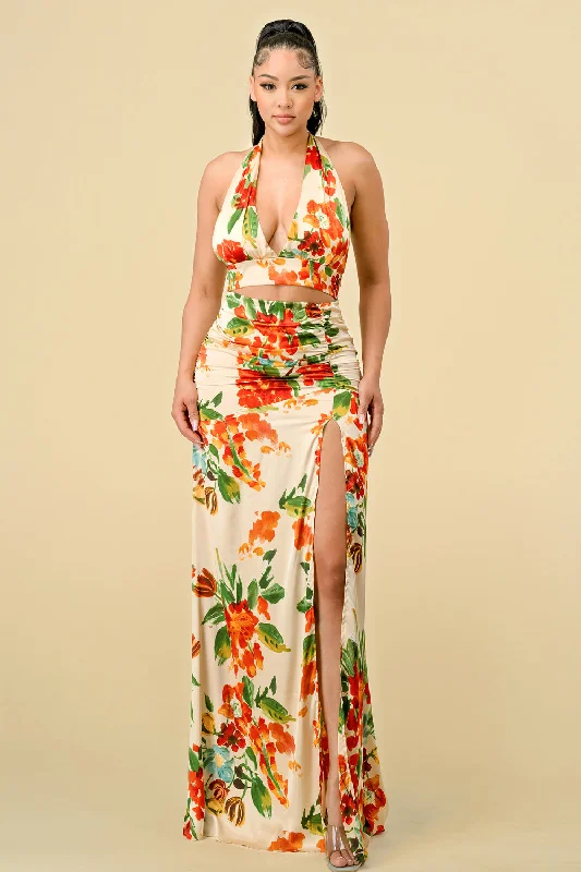 Long Halter Neck Printed Ruched Maxi Dress