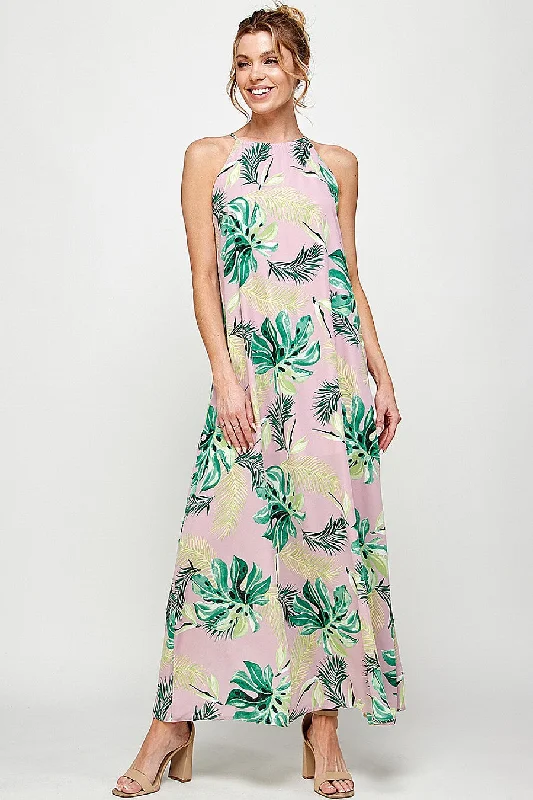 Long Halter Neck Tropical Print Maxi Dress