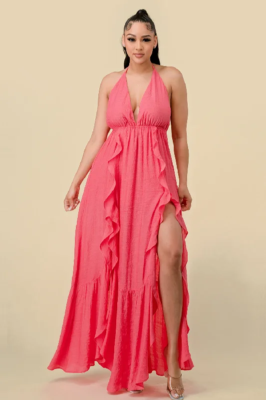 Long Halter Ruffled Slit Maxi Dress