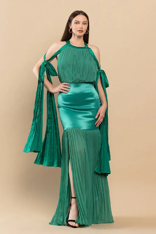 Long Mermaid Pleated Satin Maxi Dress