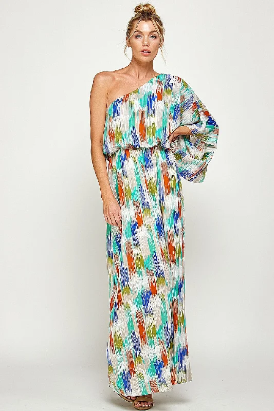 Long One Shoulder Brushed Print Maxi Dress