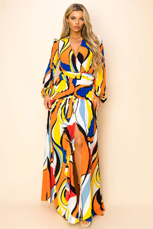 Long Printed Long Sleeve Slit Maxi Dress