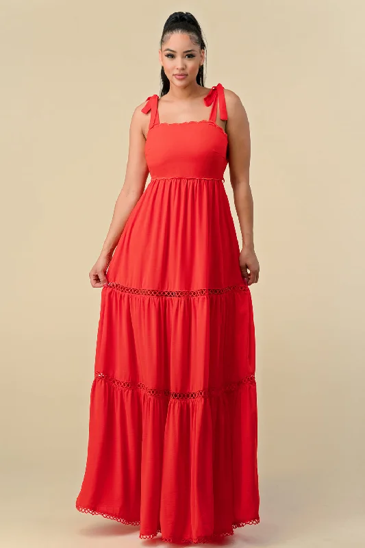 Long Shoulder Tie Scallop Maxi Dress