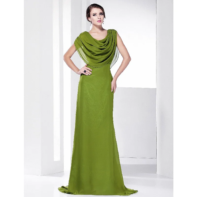 A-Line Celebrity Style Inspired Formal Evening Military Ball Dress Cowl Neck Short Sleeve Sweep / Brush Train Chiffon with