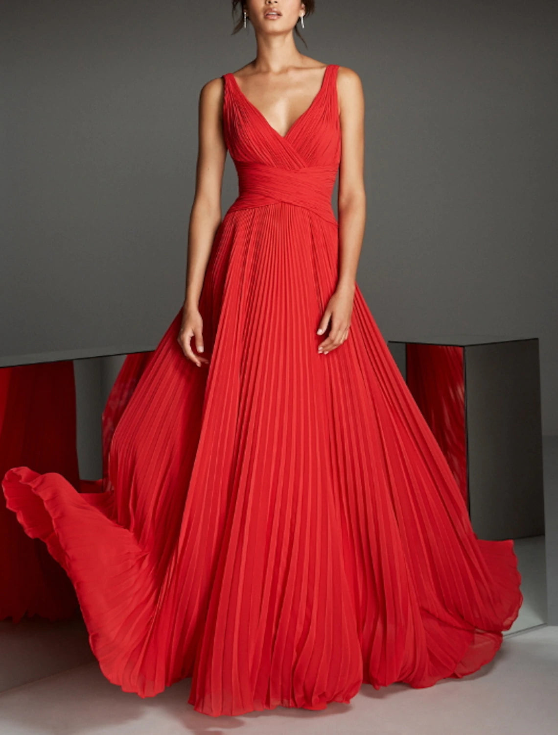 A-Line Empire Engagement Formal Evening Dress V Neck Sleeveless Floor Length Chiffon with Pleats