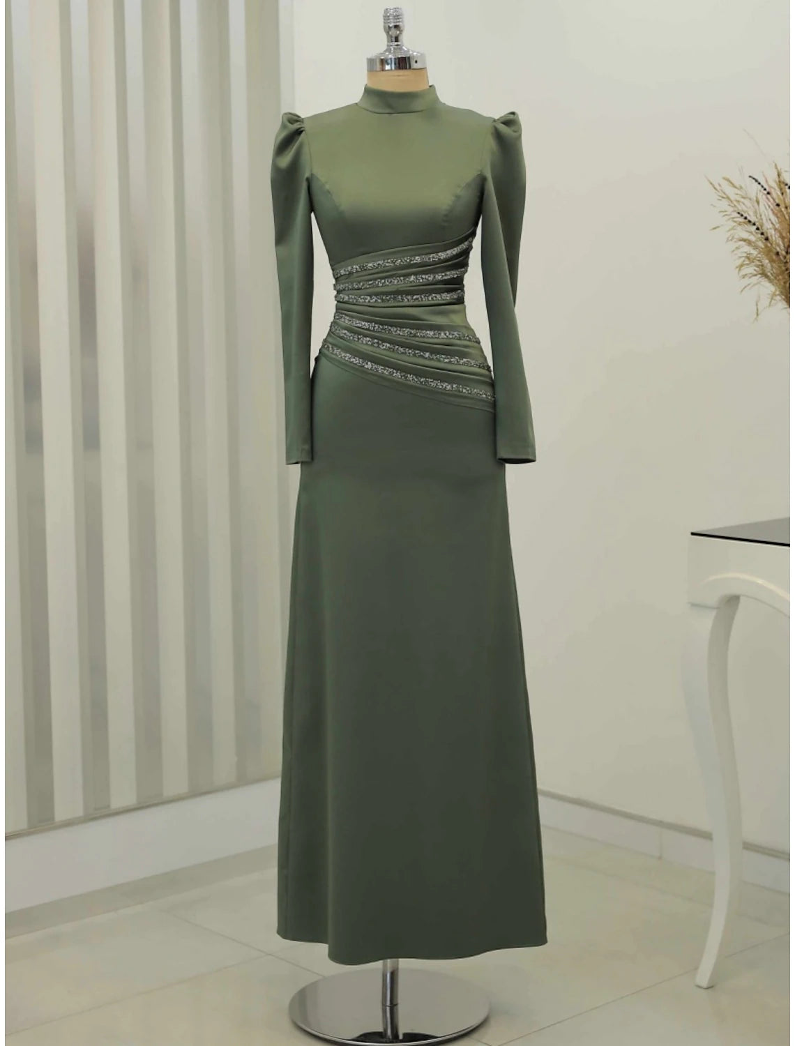 A-Line Evening Gown Christmas Elegant Dress Formal Ankle Length Long Sleeve High Neck Satin with Glitter Ruched