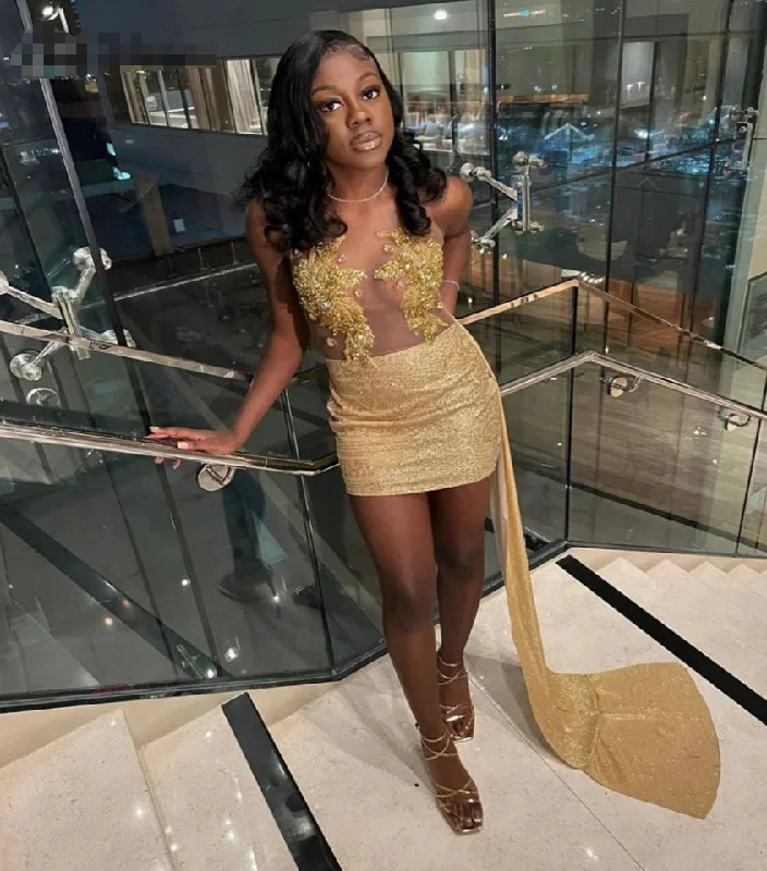 Gold Black Girls Homecoming Dress With Train Illusion Top Beaded Hoco Birthday Party Evening Dress Sequin