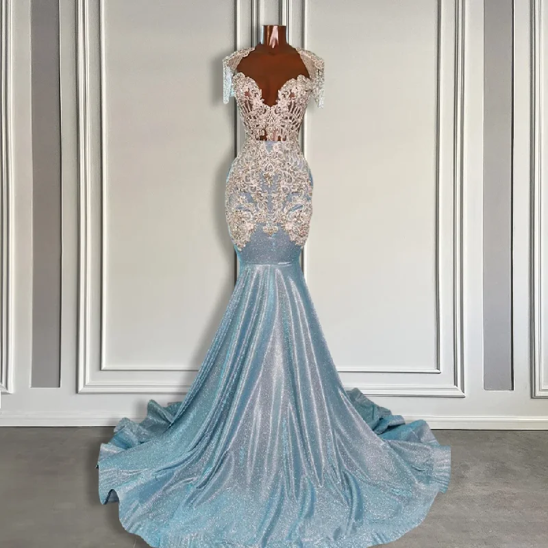 Glitter Sky Blue Mermaid Prom Dresses 2024 with Tassel Luxury Crystals Appliques Long Prom Party Gowns for Black Girls