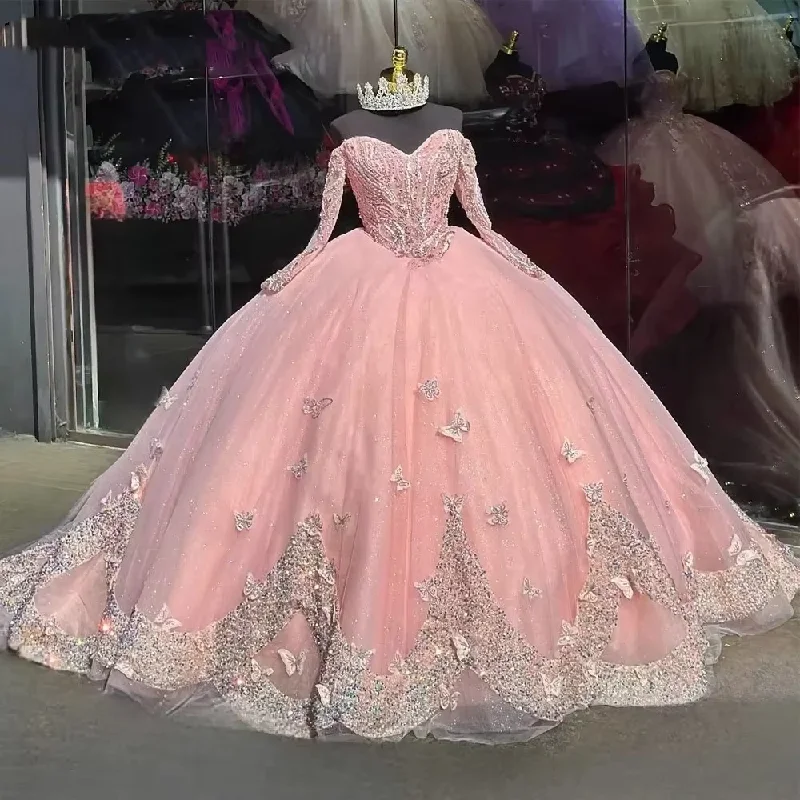 Glittering Pink Quinceanera Dresses Off-Shoulder Long Sleeves Butterfly Appliques Princess Birthday Party Vestidos