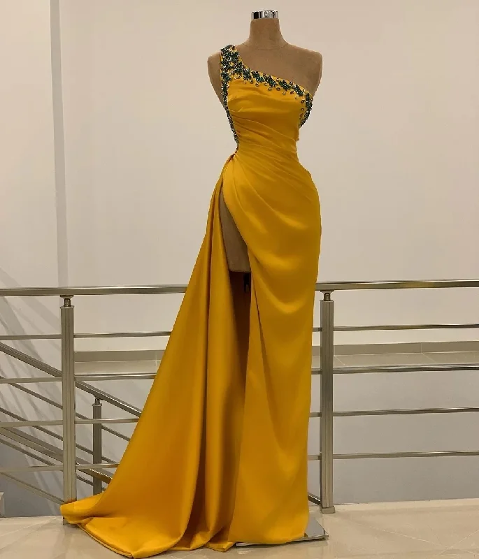 Gold Haute Couture Prom Dresses A-line One-shoulder Slit Beaded Saudi Arabia Dubai Robe De Soiree Evening Dress Gown