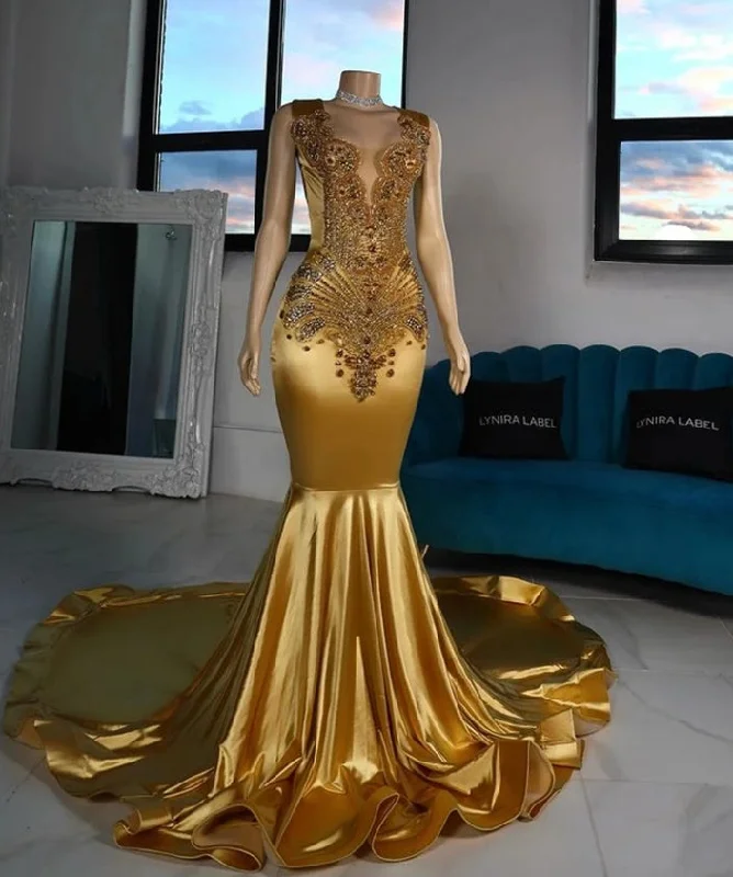 Gold Sheer O Neck Long Prom Dress For Black Girls Beaded Crystal Rhinestone Birthday Party Gowns Mermaid Evening Dresses