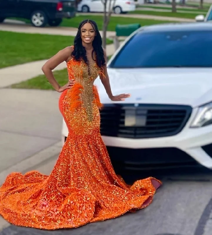 Golden Diamonds Orange Prom Dress Sparkly Beads Crystal Rhinestones Feathers Sequins Birthay Party Gown Robe De Bal