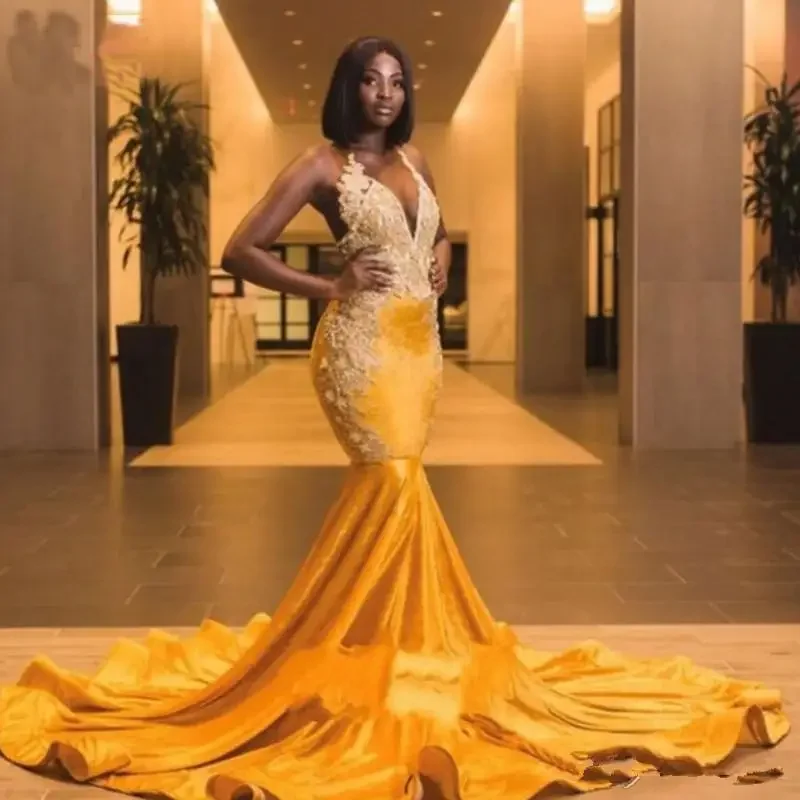 Gougeous Yellow Velvet Long Train Mermaid African Prom Dresses Backless Beads Black Girl Party Gown Plus Size Long Evening Dress