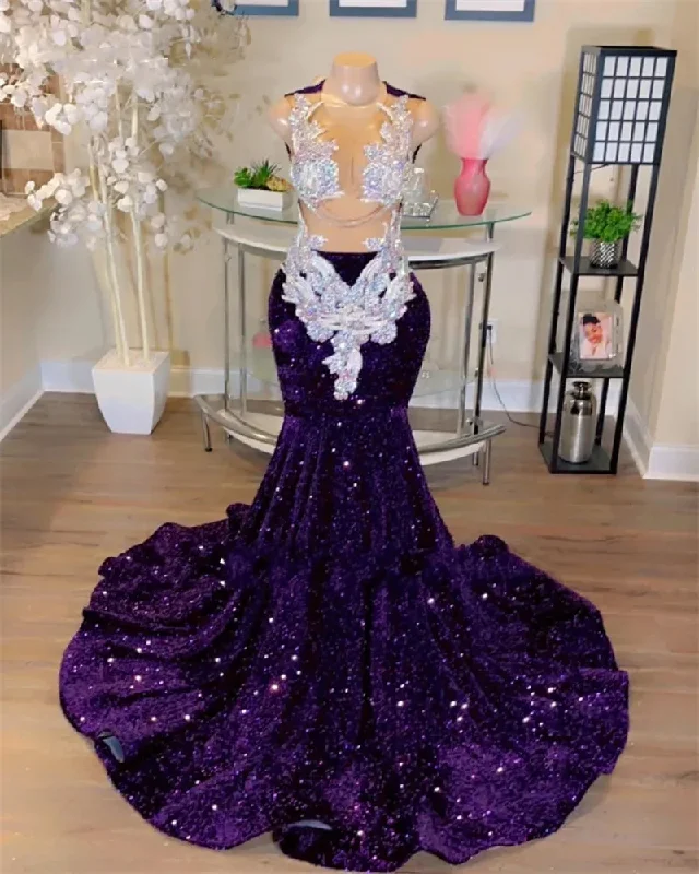 Grape Sheer O Neck Long Prom Dress For Black Girls Sparkly Sequined Birthday Party Dresses Beaded Appliques Evening Gowns