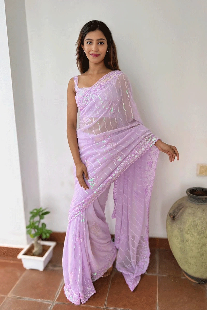 Pink Colour Sequence Saree For Collage Party