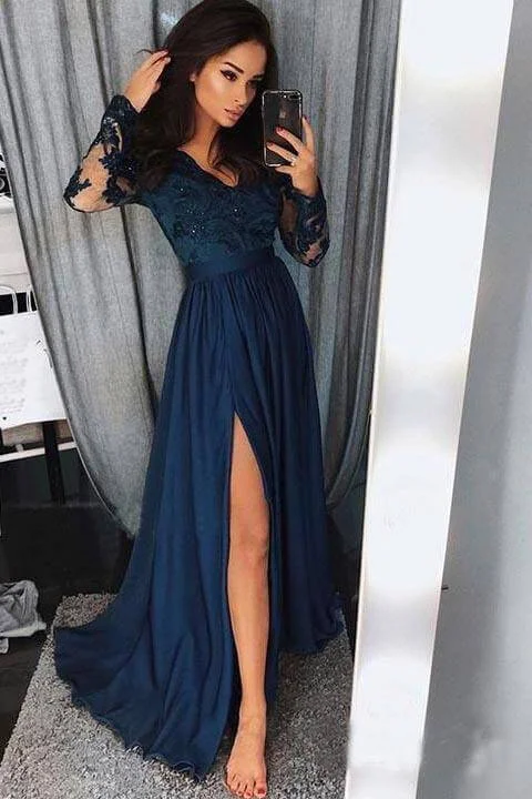 Prom Dresses A line Long Sleeve V Neck  Slit Long Evening Dresses