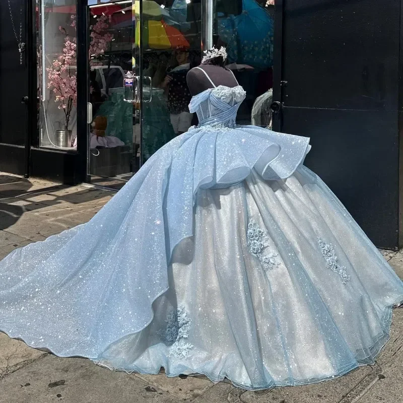 Real Pictures Sky Blue Prom Dress Lace Appliques Sweet 16 Princess Ball Gown Birthday Party Quinceanera Wear Vestidos De 15 Anos