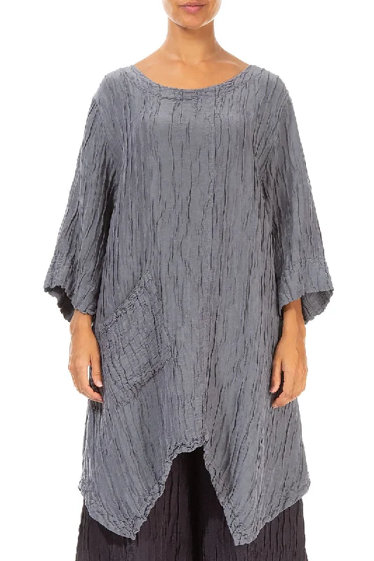 Asymmetric Crinkled Grey Silk Linen Tunic